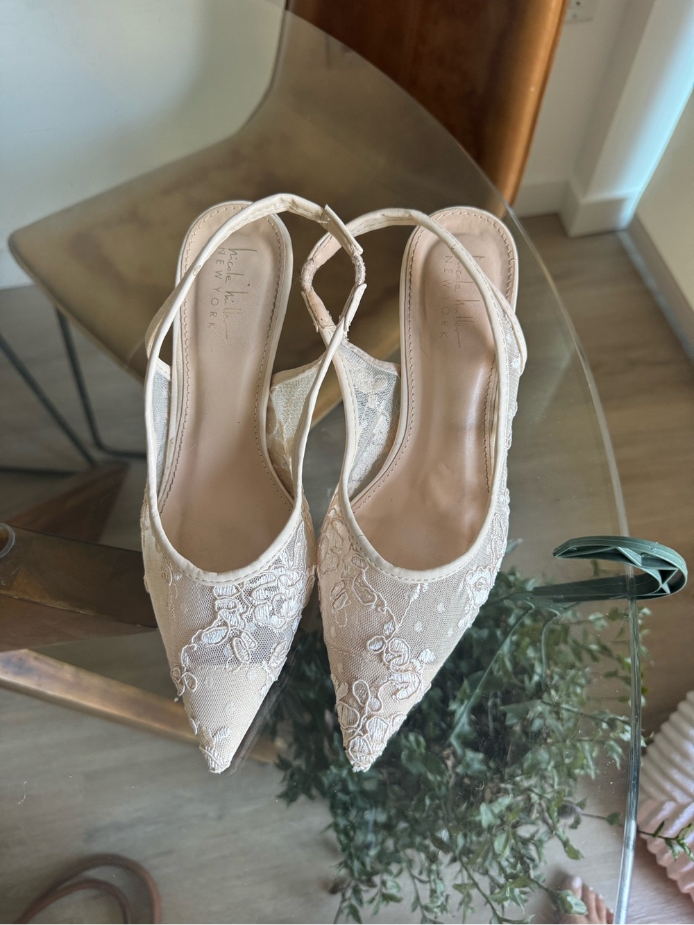 Nicole Miller Ivory Lace Pointed-Toe Slingback Heels
